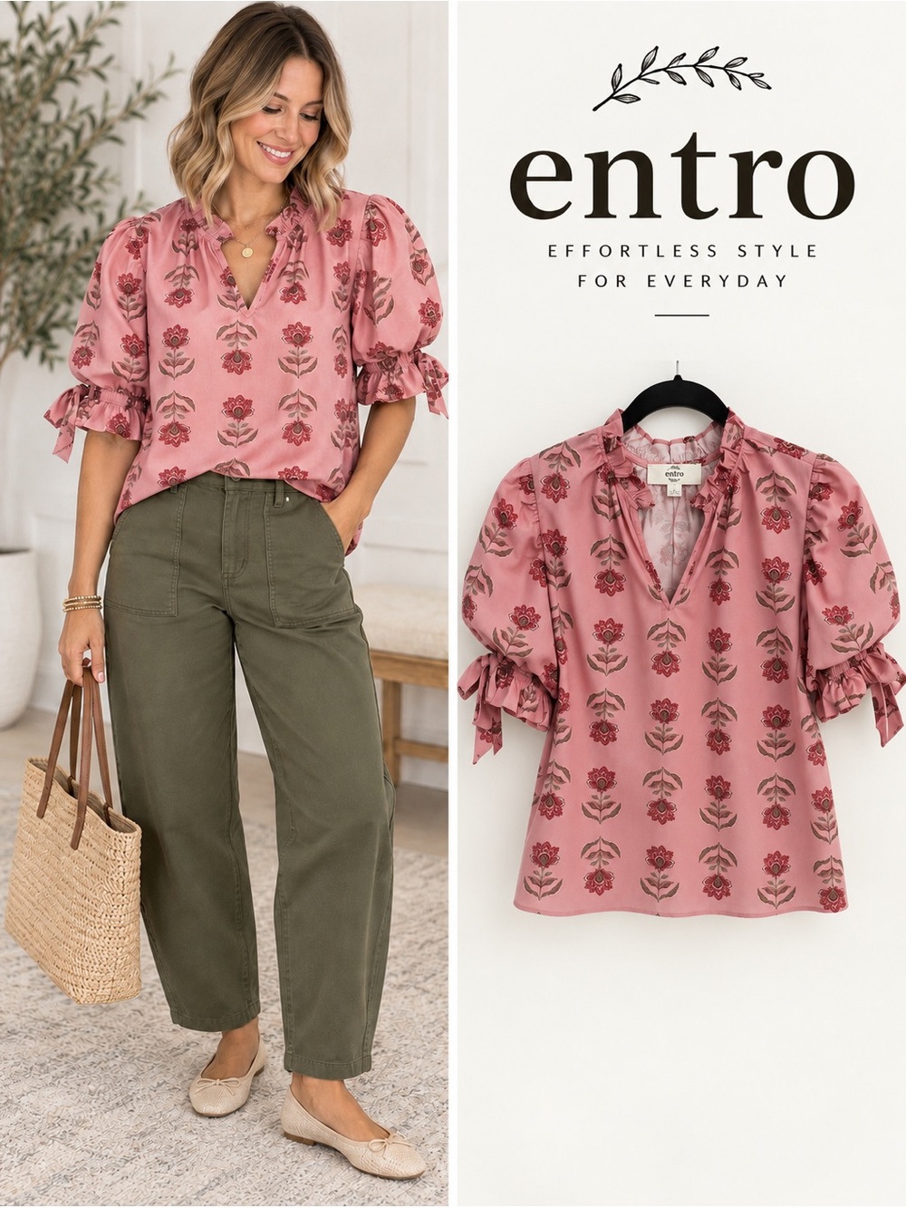 Entro Pink Floral Ruffle Neck Puff Sleeve Tie Cuff Blouse